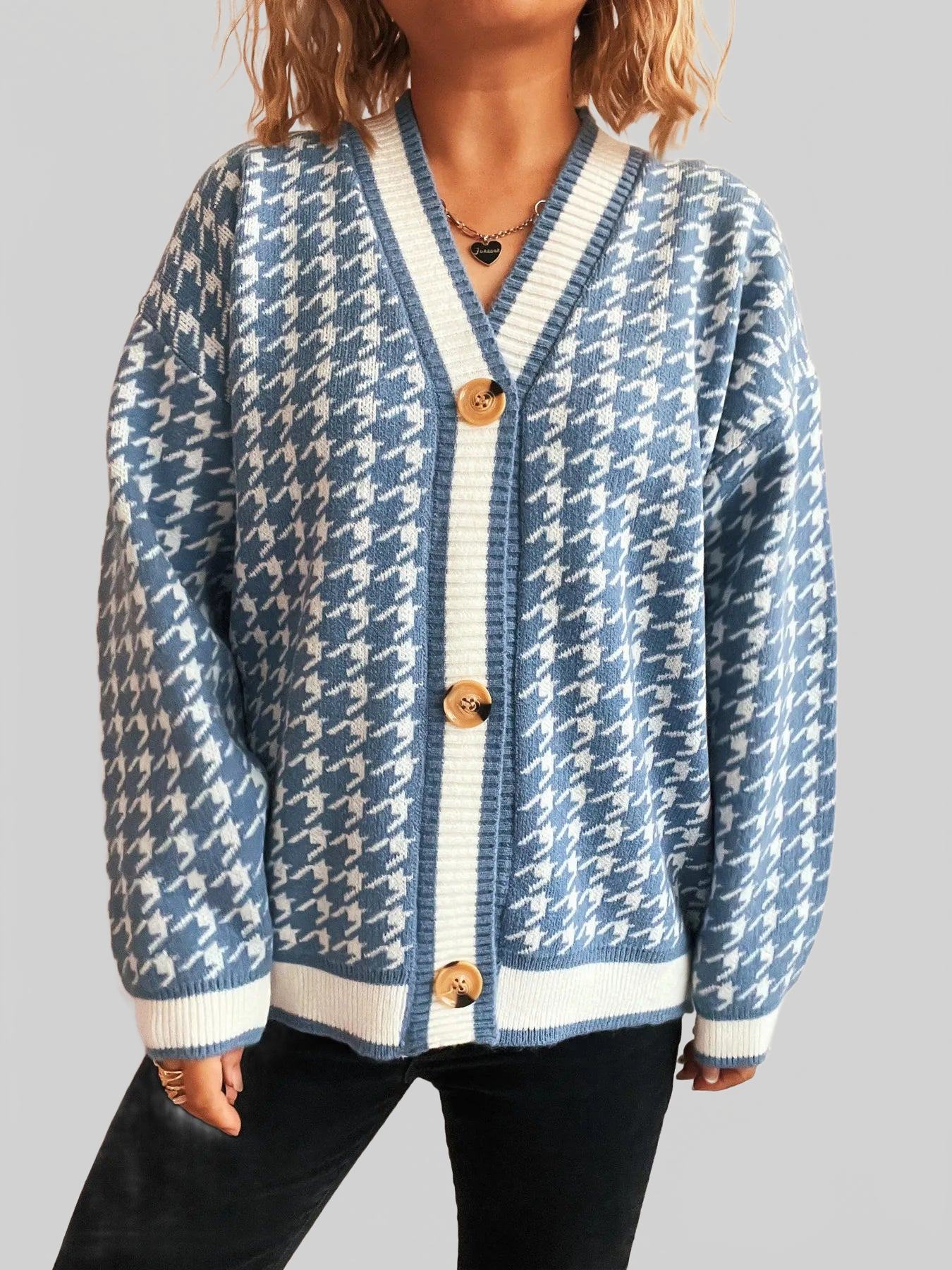 Women Houndstooth Pattern V-Neck Button-Up Cardigan Sweater