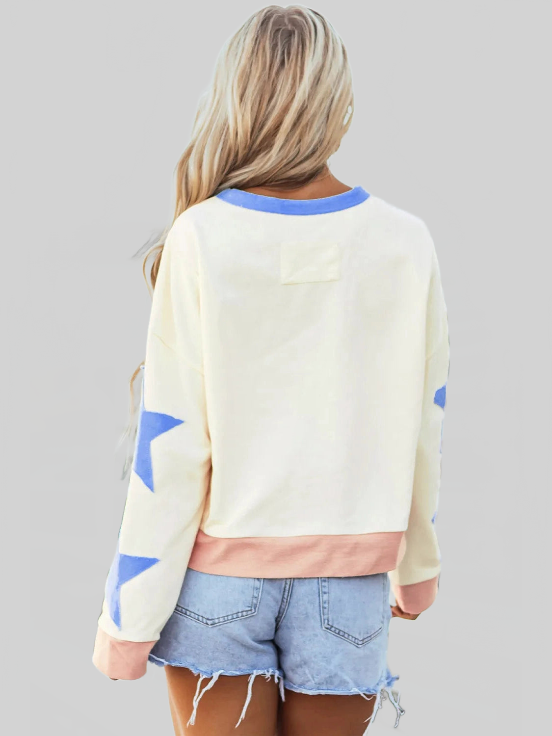 Women Star Contrast Round Neck Long Sleeve Sweatshirt