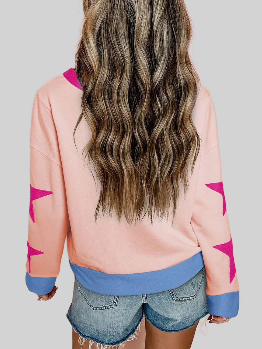 Women Star Contrast Round Neck Long Sleeve Sweatshirt