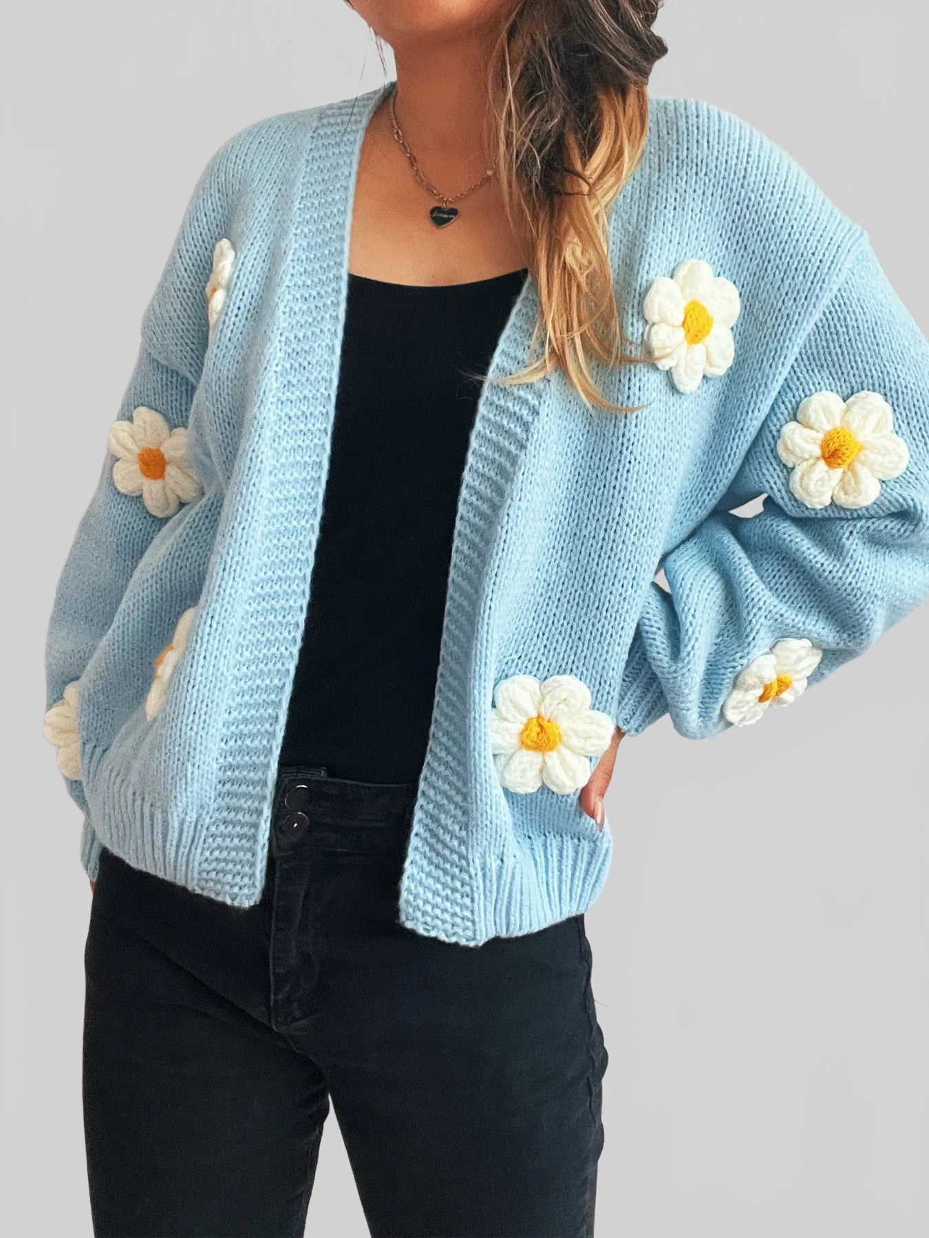 Flower Open Front Long Sleeve Cardigan