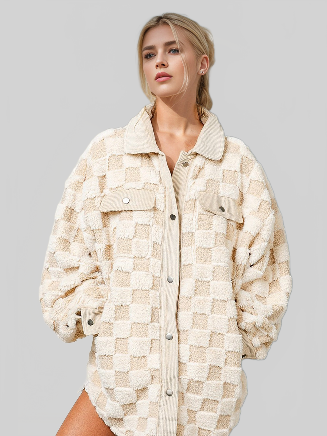 Women Double Take Button Up Fuzzy Checkered Shacket