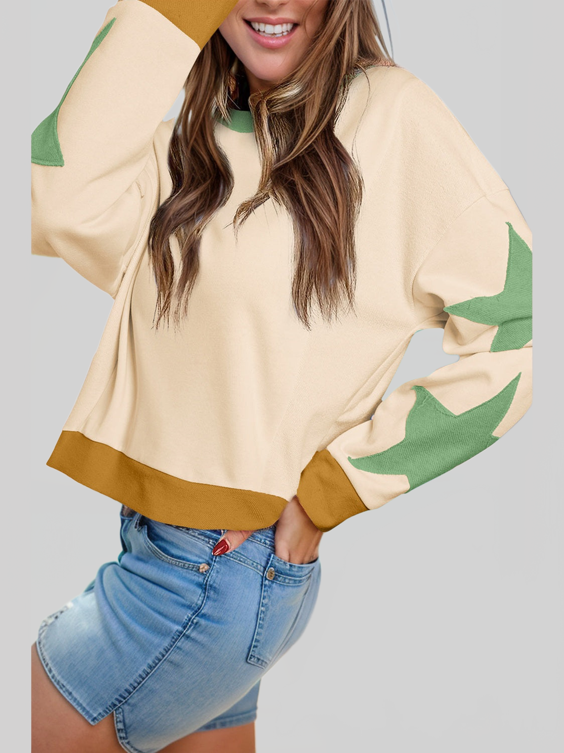 Women Star Contrast Round Neck Long Sleeve Sweatshirt