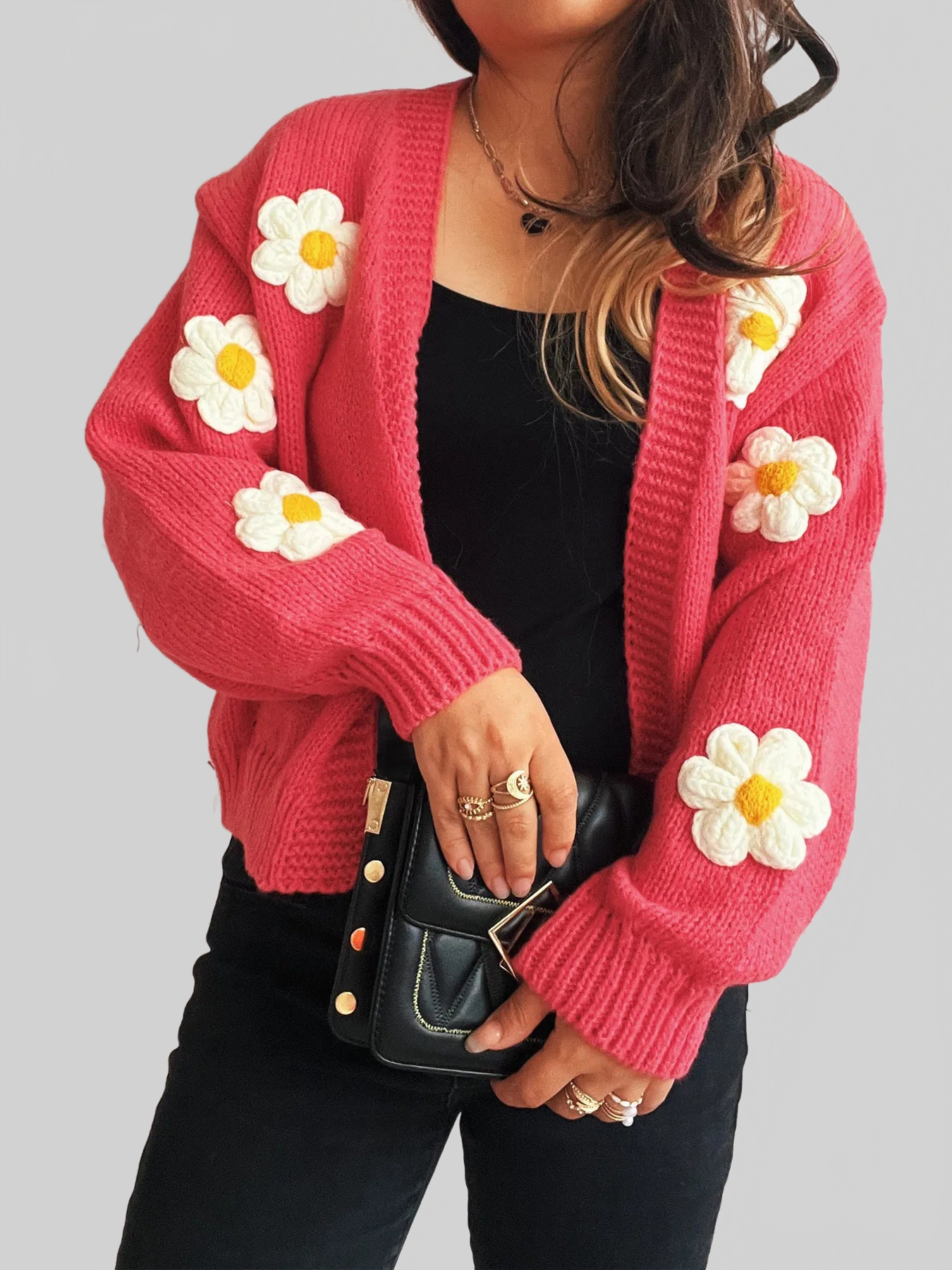 Flower Open Front Long Sleeve Cardigan
