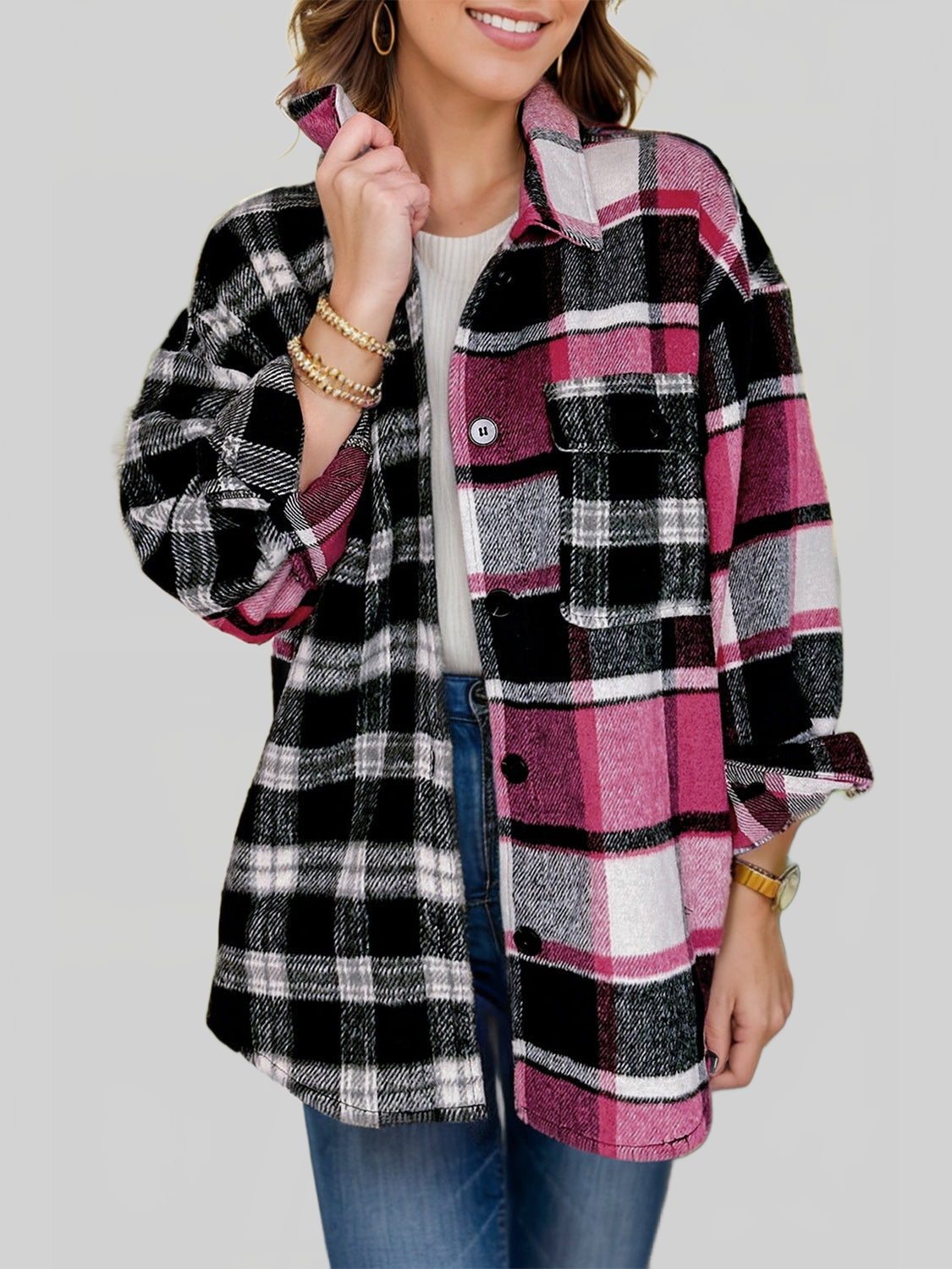 Women Pocketed Plaid Collared Neck Long Sleeve Shacket
