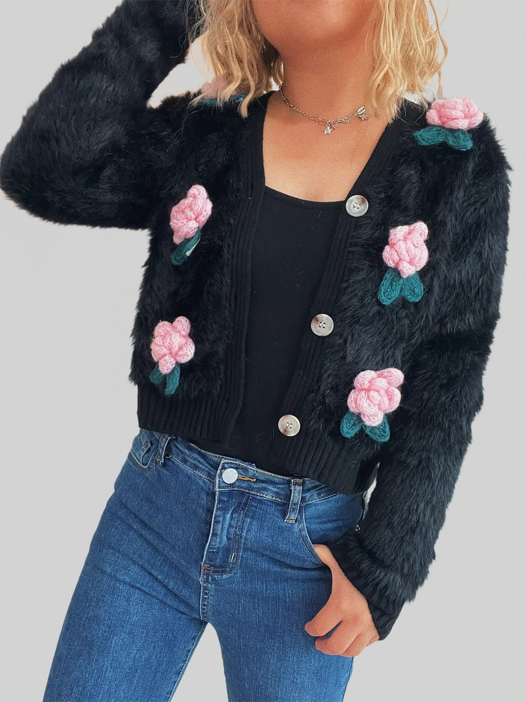 Women Flower Fuzzy Button-Up Cardigan