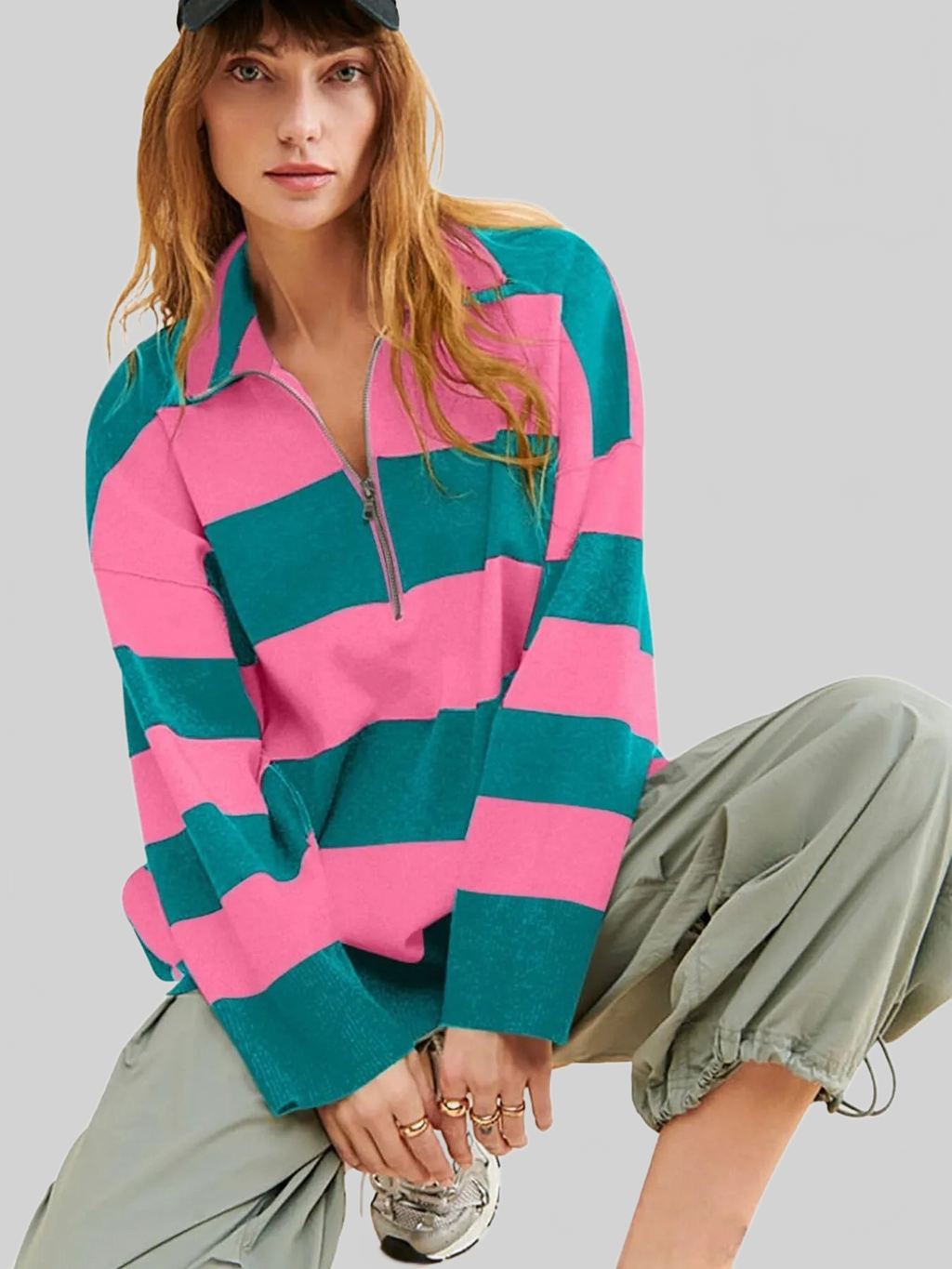 Women Striped Half-Zip Oversized Sweatshirt