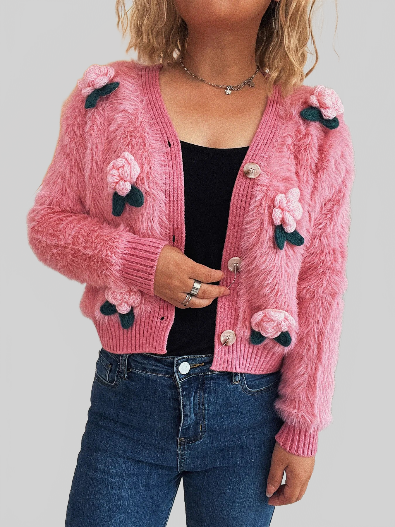 Women Flower Fuzzy Button-Up Cardigan