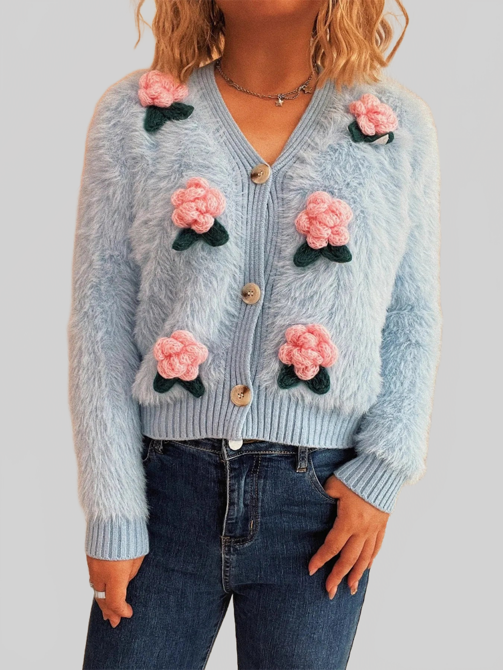 Women Flower Fuzzy Button-Up Cardigan