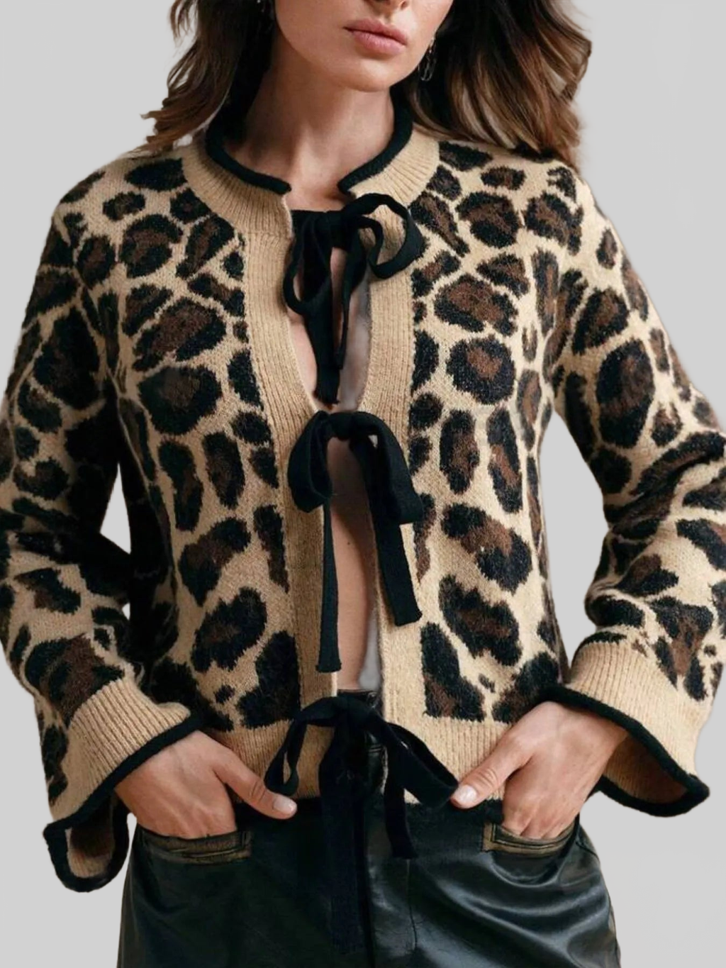 Women Leopard Print Bow-Tie Front Cropped Cardigan Sweaters