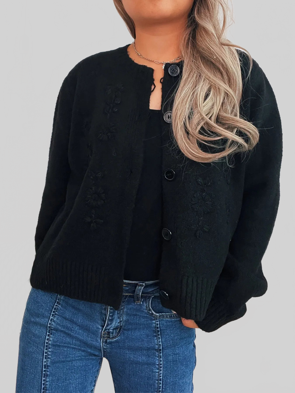 Flower Button Up Ribbed Hem Cardigan