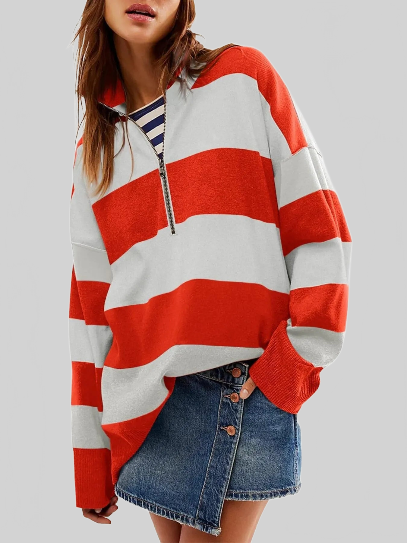 Women Striped Half-Zip Oversized Sweatshirt