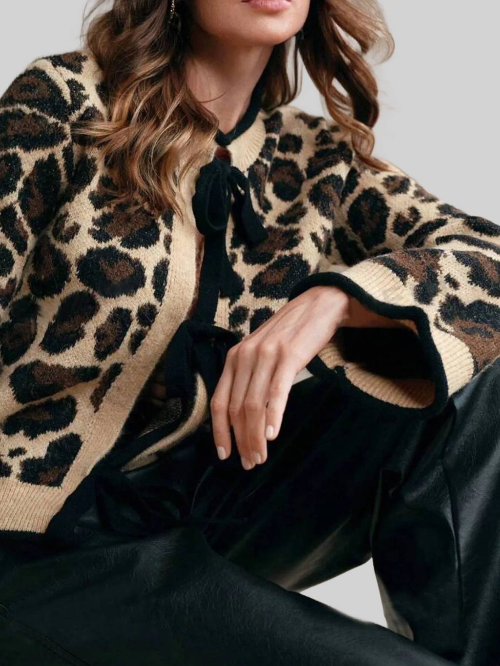 Women Leopard Print Bow-Tie Front Cropped Cardigan Sweaters
