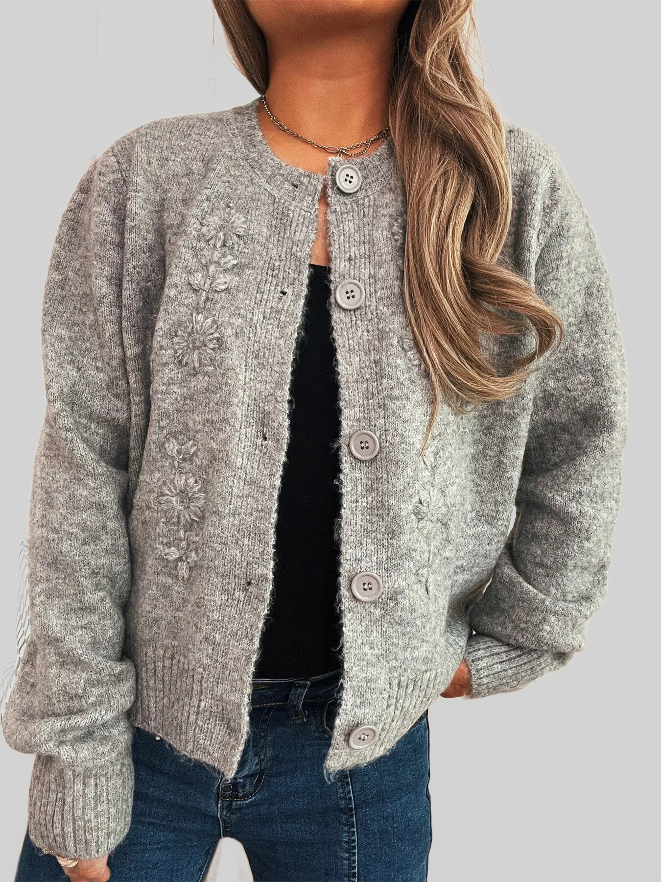 Flower Button Up Ribbed Hem Cardigan