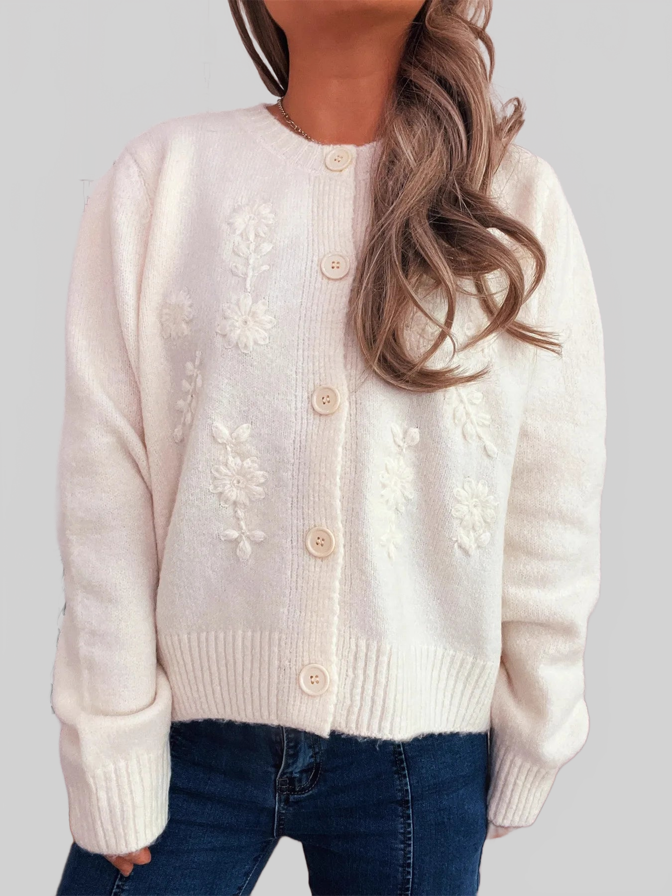 Flower Button Up Ribbed Hem Cardigan
