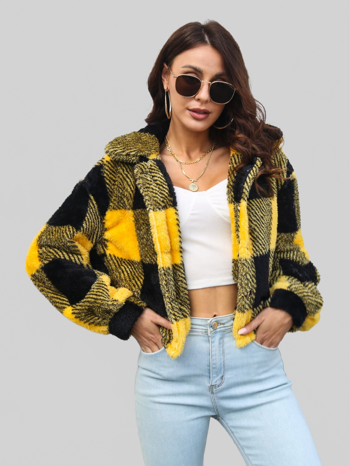 Women Plaid Dropped Shoulder Buttoned Jacket
