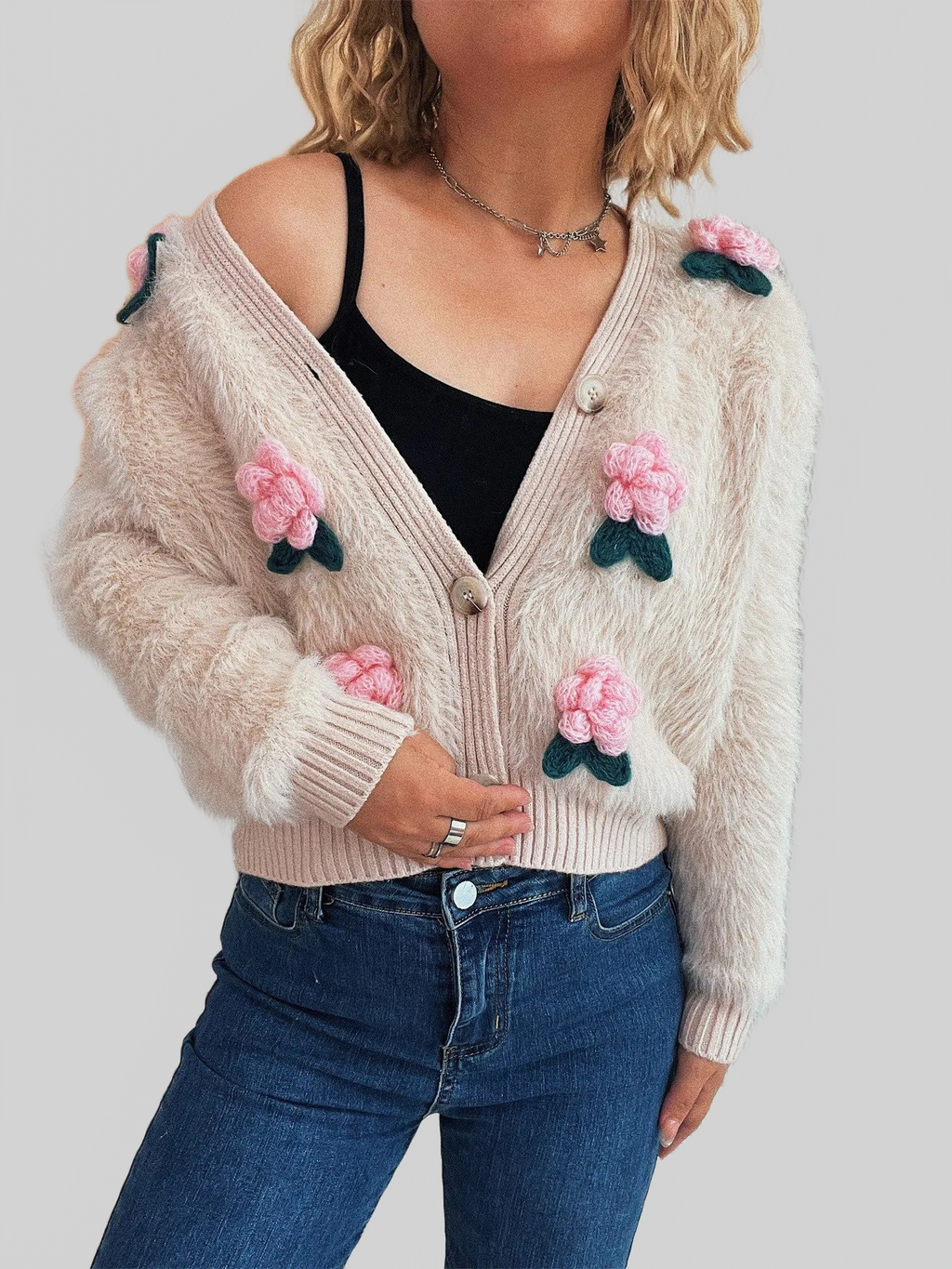 Women Flower Fuzzy Button-Up Cardigan
