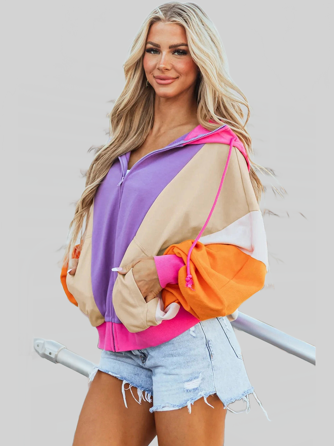 Women Drawstring Color Block Zip Up Long Sleeve Hoodie