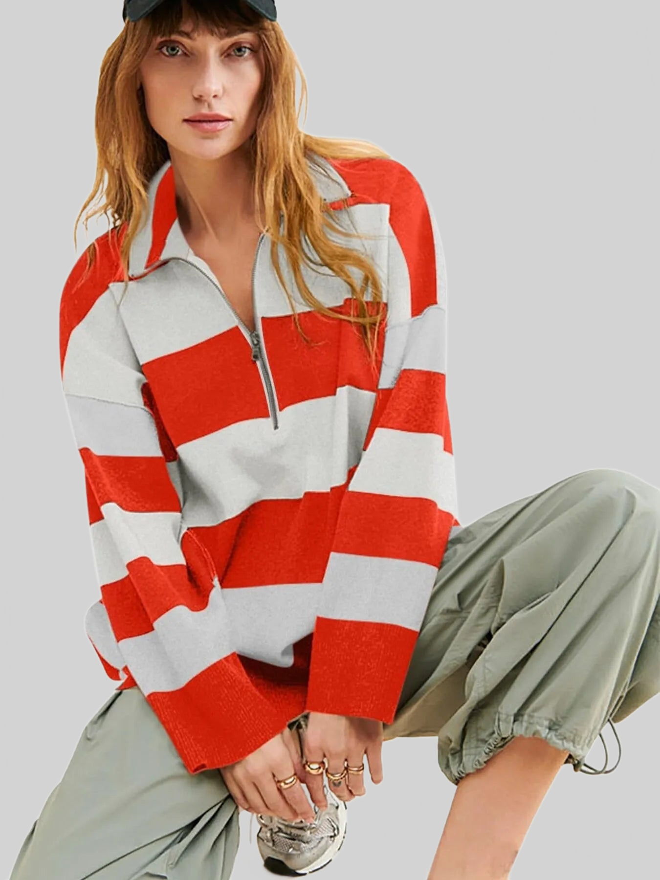 Women Striped Half-Zip Oversized Sweatshirt