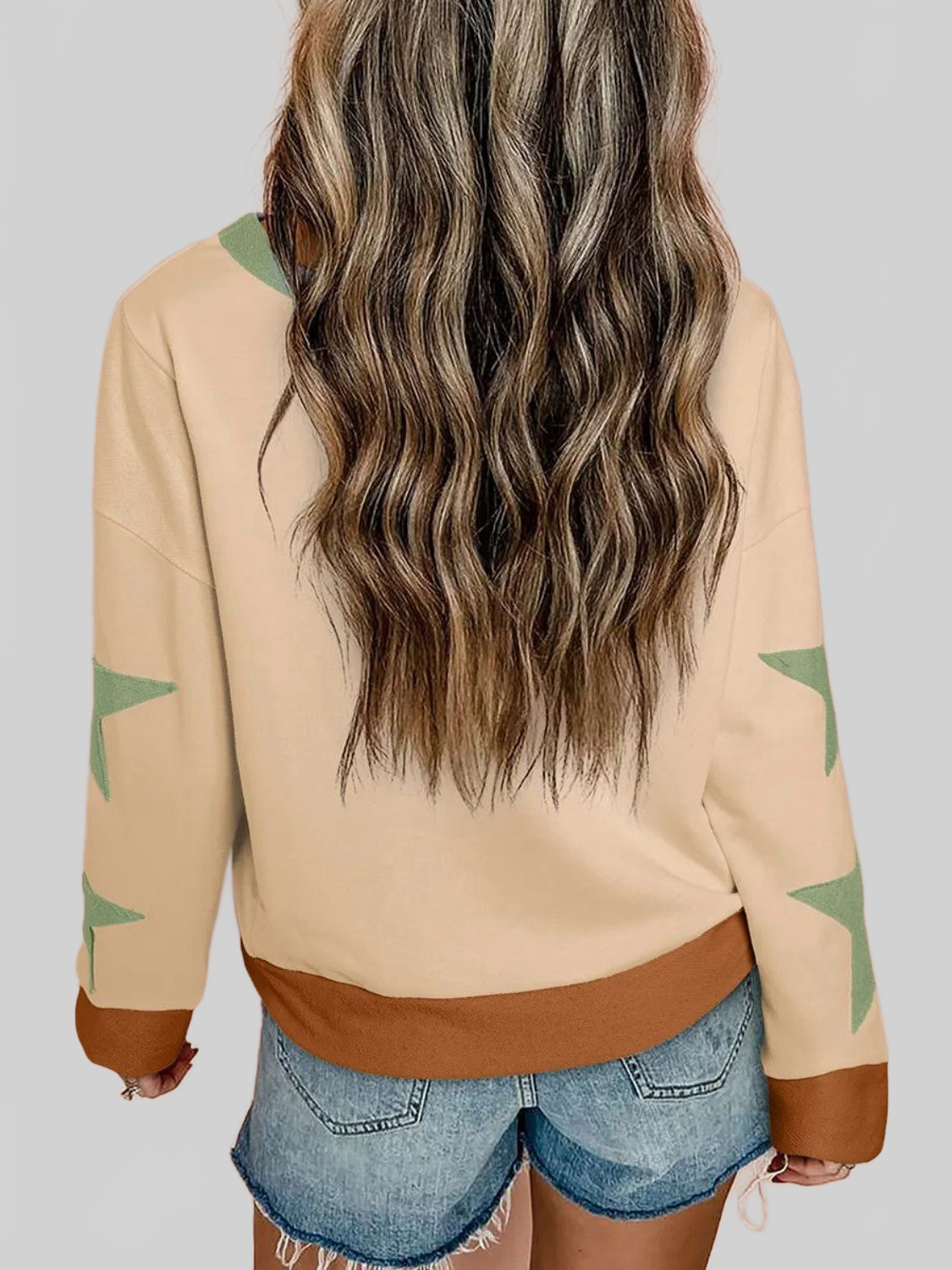 Women Star Contrast Round Neck Long Sleeve Sweatshirt