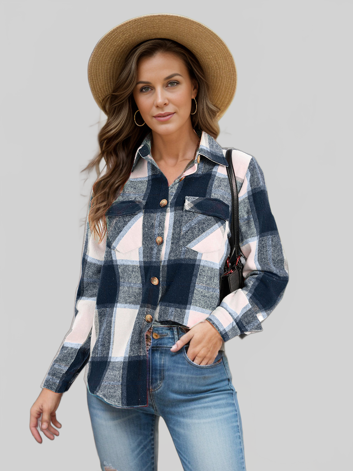 Women Full Size Pocketed Plaid Collared Neck Shacket