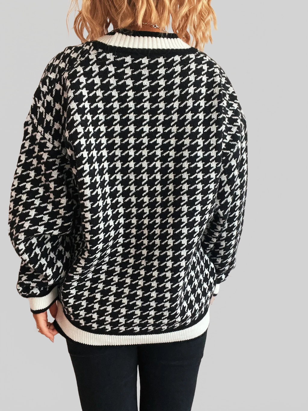 Women Houndstooth Pattern V-Neck Button-Up Cardigan Sweater