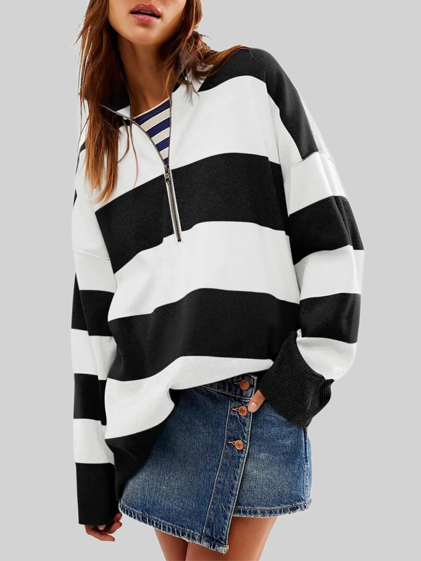 Women Striped Half-Zip Oversized Sweatshirt