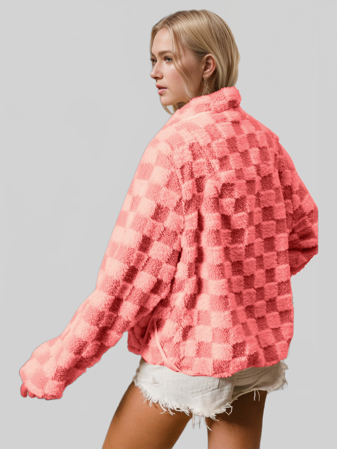 Women Double Take Checkered Long Sleeve Fuzzy Jacket