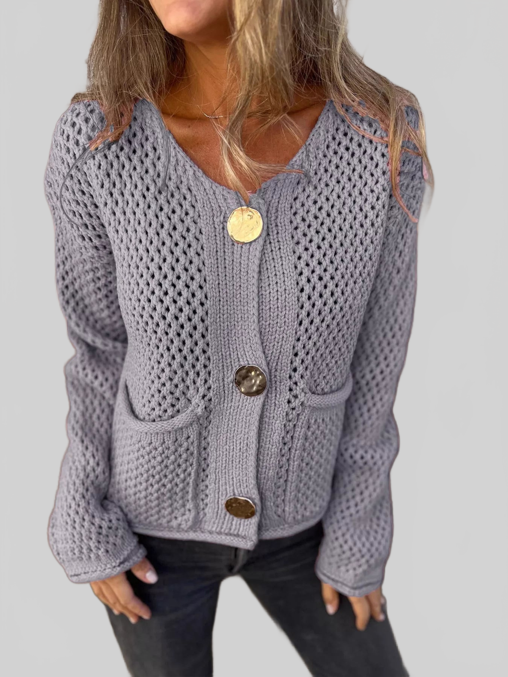 Crochet Button Up Long Sleeve Cardigan