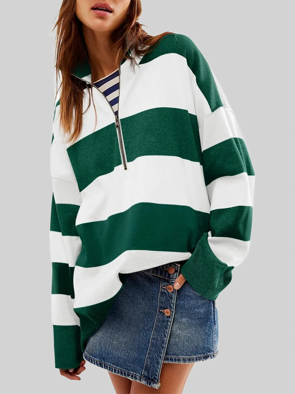 Women Striped Half-Zip Oversized Sweatshirt