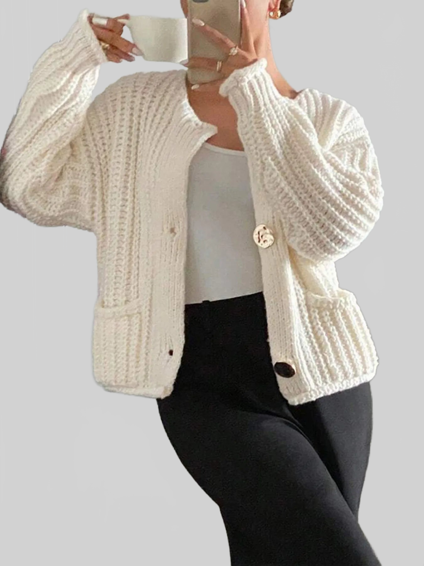 Button-Front Knit Cardigan with Pockets
