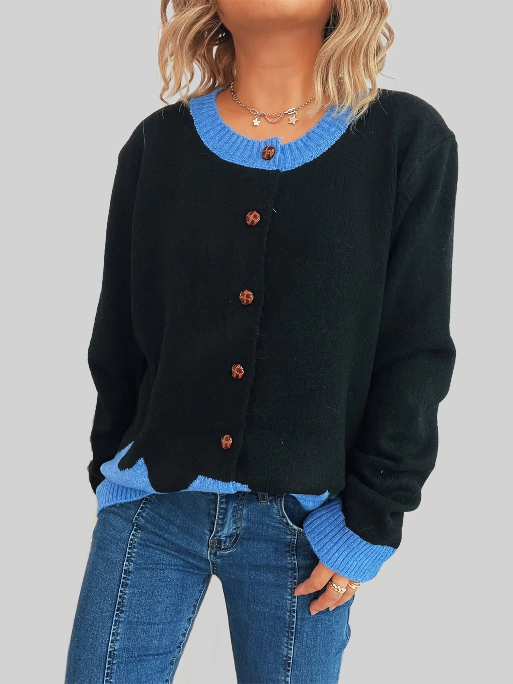 Button-Front Contrast Trim Cardigan