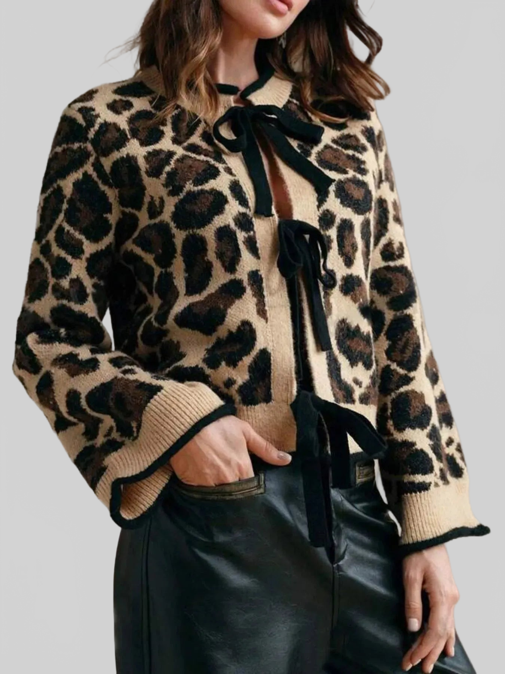 Women Leopard Print Bow-Tie Front Cropped Cardigan Sweaters