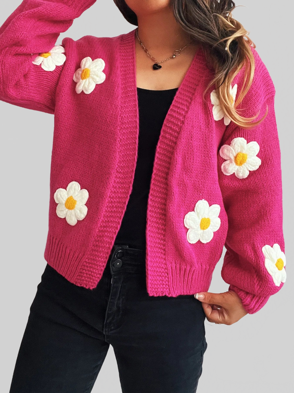 Flower Open Front Long Sleeve Cardigan