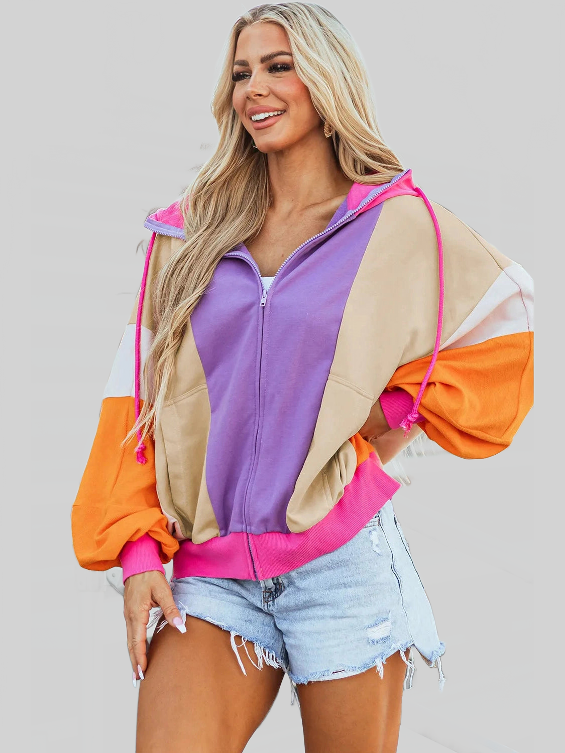 Women Drawstring Color Block Zip Up Long Sleeve Hoodie