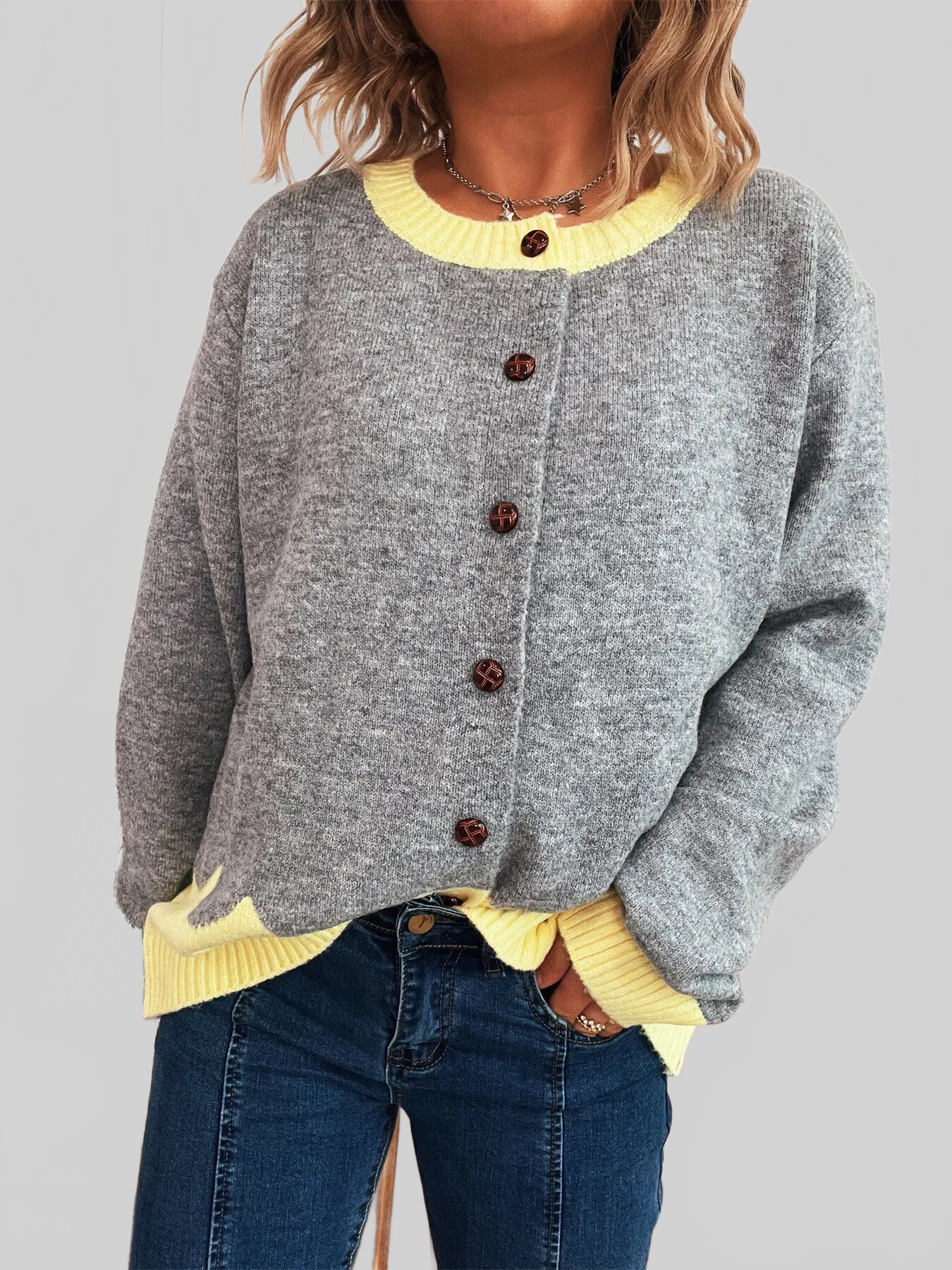 Button-Front Contrast Trim Cardigan