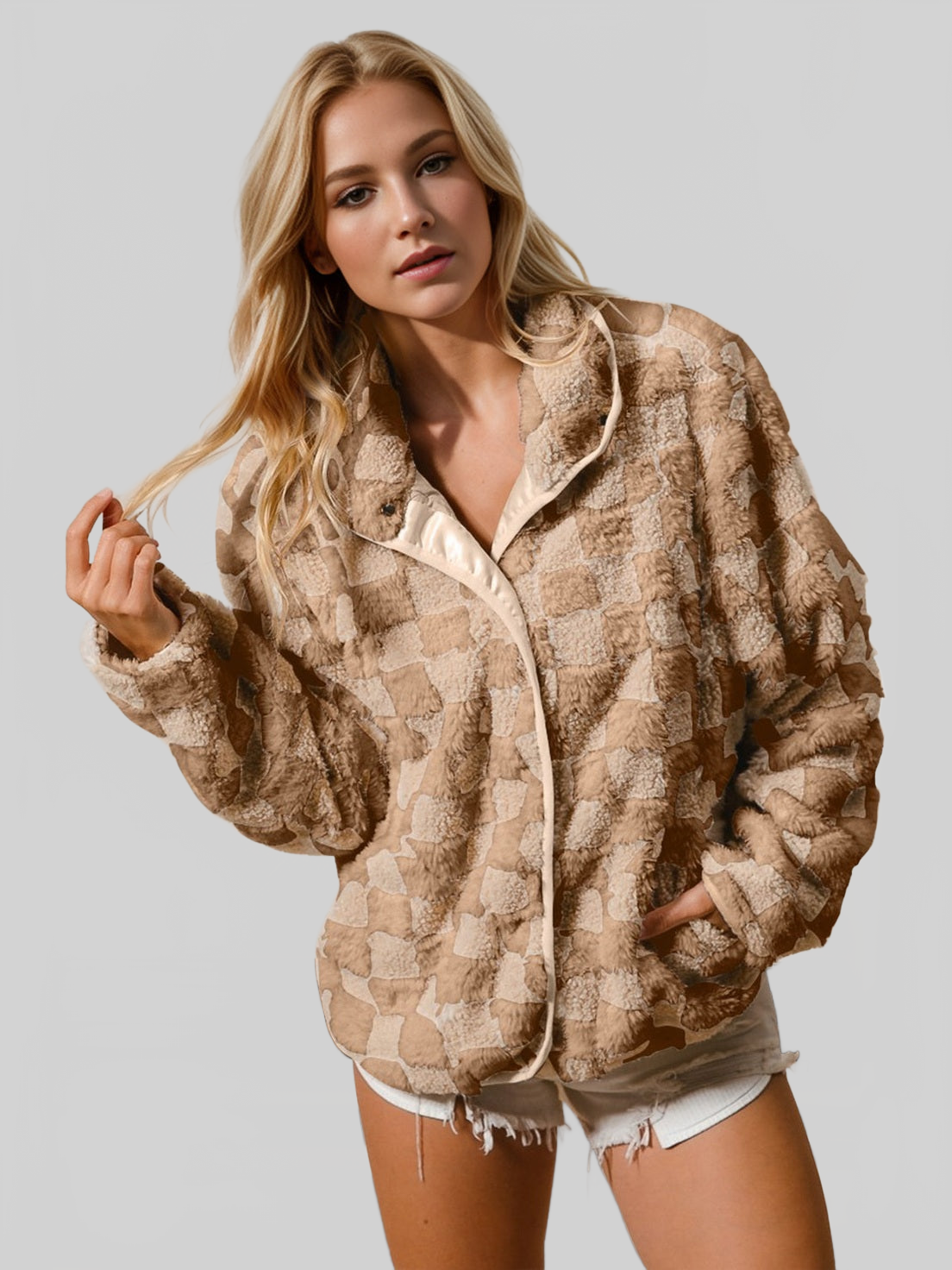 Women Double Take Checkered Long Sleeve Fuzzy Jacket